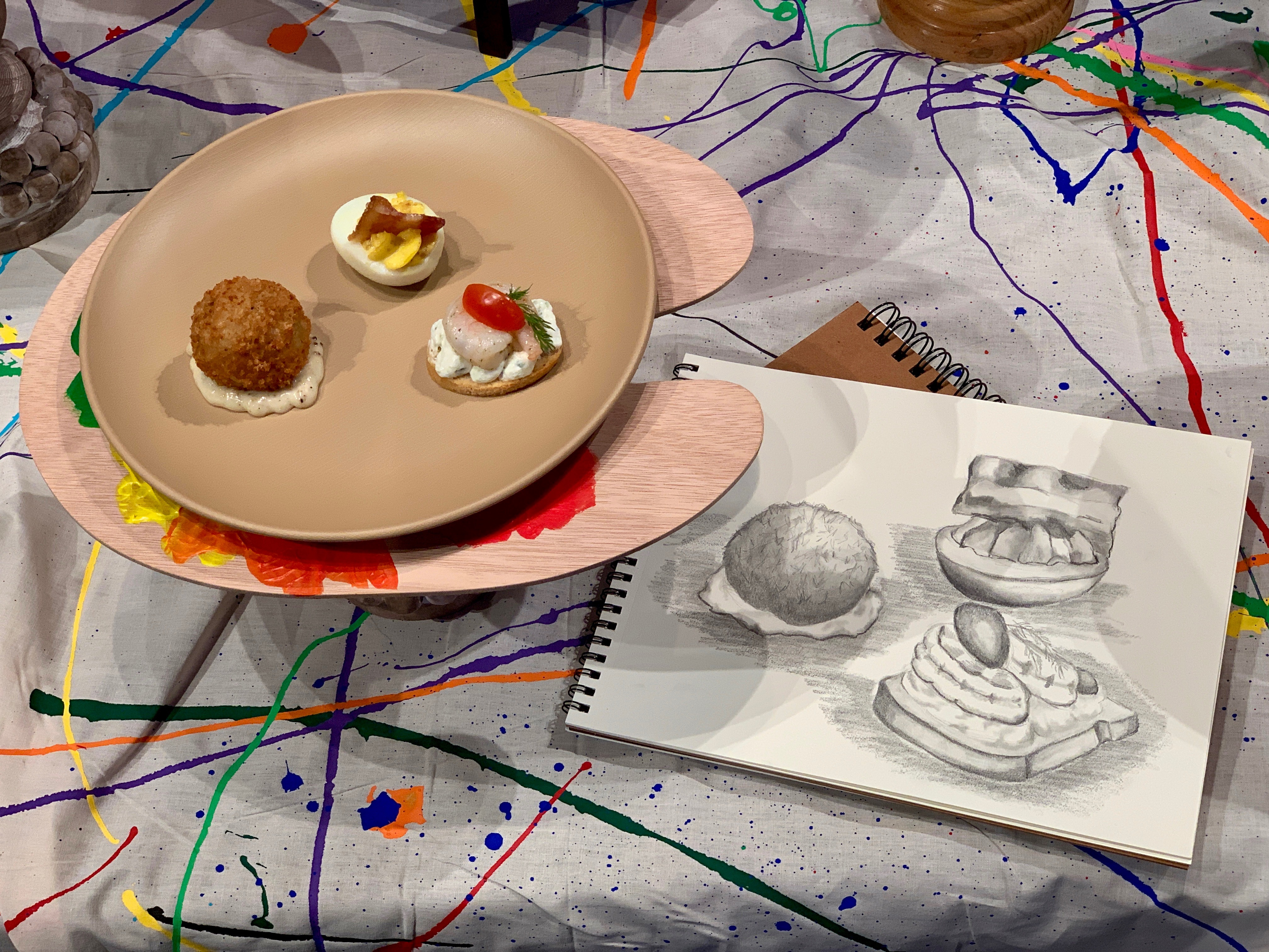 The Painter’s Palate - Gallery Bites: A Trio of Hors d’Oeuvres: Chilled Shrimp with Cucumber Cream Cheese on a Crostino: Traditional Deviled Egg with Candied Bacon Crispy Truffled Risotto Ball with Truffle Aïoli (V)