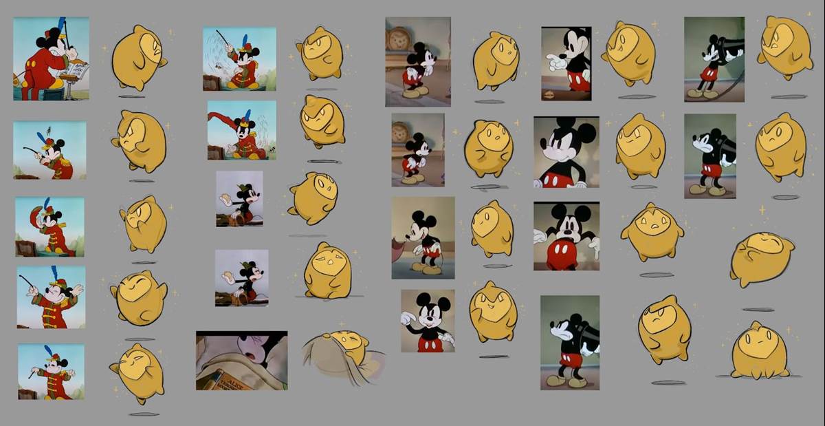 Visual development art of Star from Walt Disney Animation Studios' "Wish" by art director of characters, Bill Schwab. The artists found inspiration for Star's facial features from the mask found lining Mickey Mouse's face. (Disney)