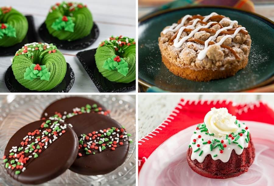 Mint Chocolate Mousse Wreath, Apple Caramel Crumb Cake, Chocolate-covered Toffee Brittle and Red Velvet Mini Bundt Cake with Cream Cheese Icing from Holiday Hearth Desserts at EPCOT Festival of the Holidays 2023